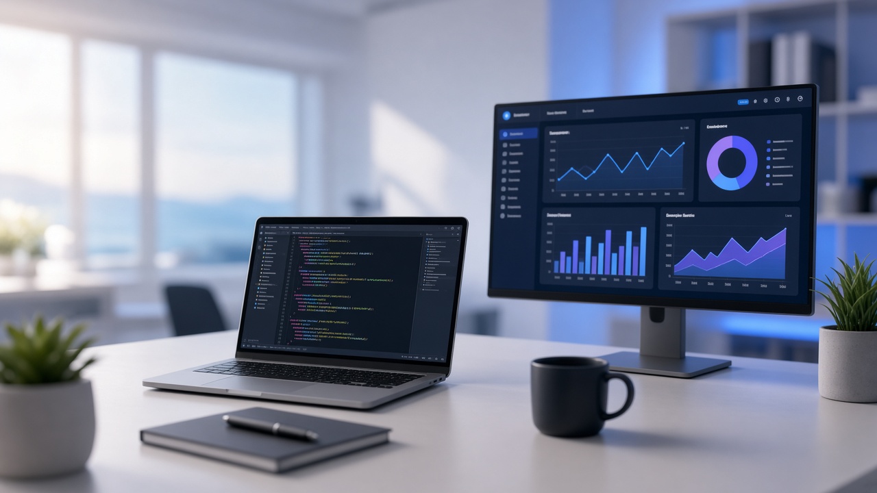 Developer workstation with code editor and analytics dashboard